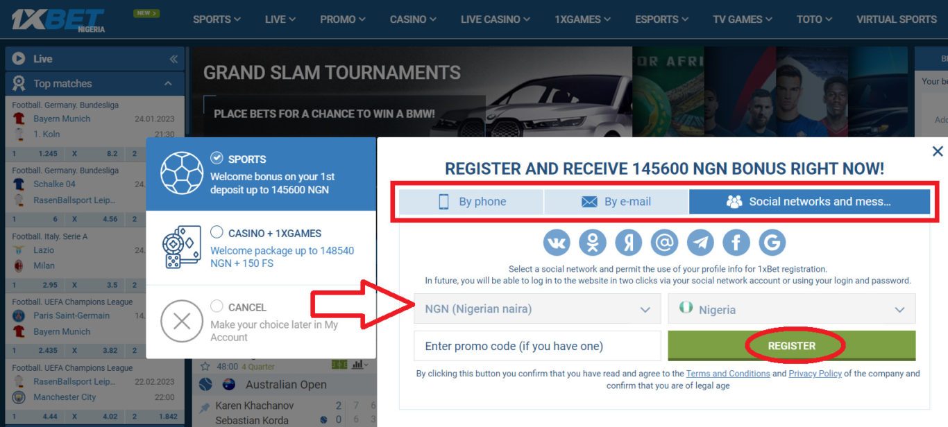 1xBet account in Nigeria register messengers and social networks