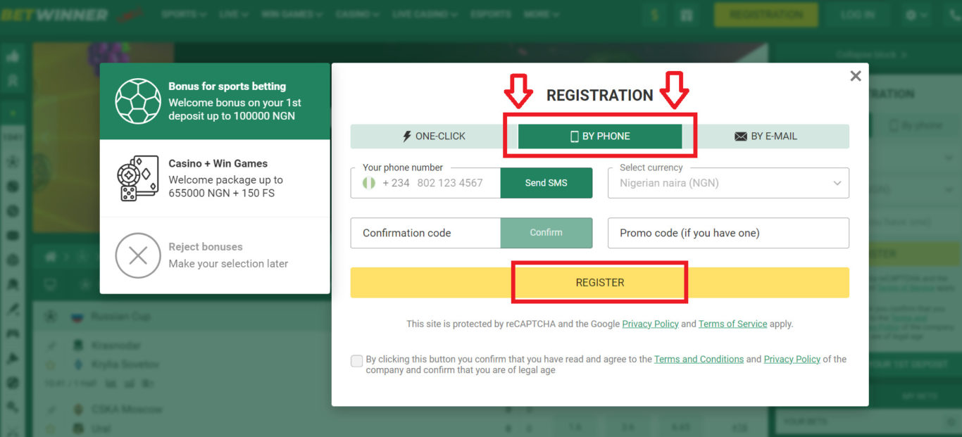 Registration conditions in Betwinner NG