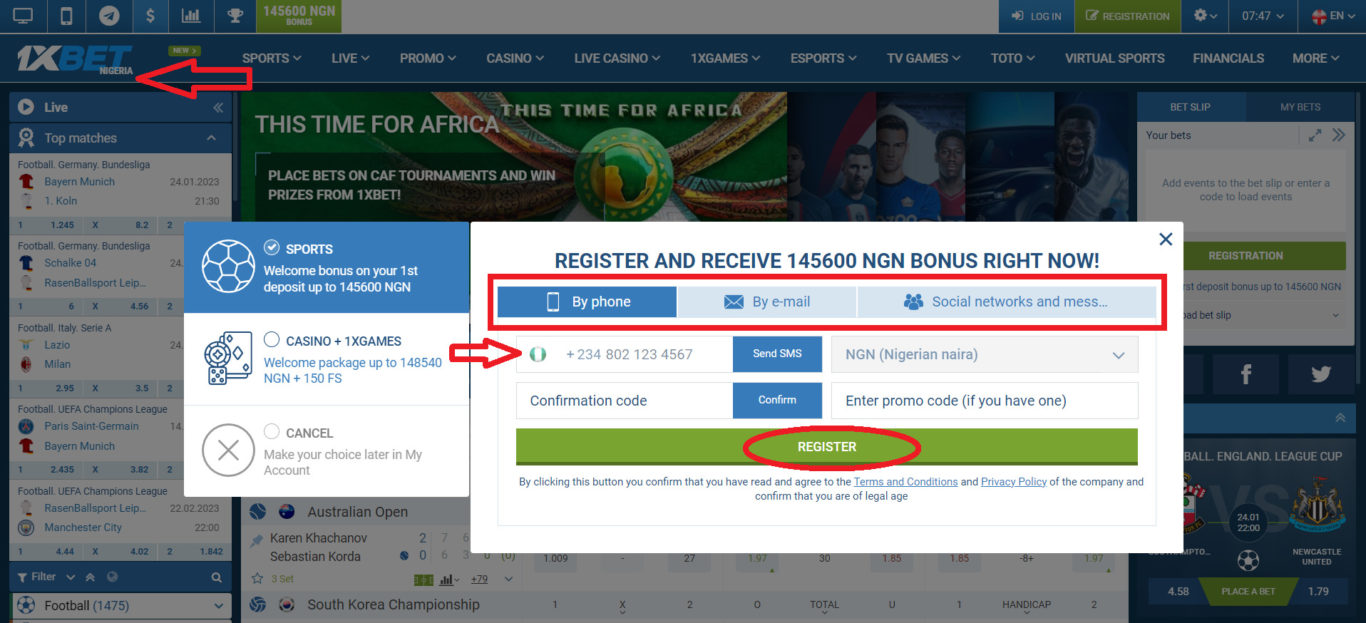 1xBet account in Nigeria register telephone number